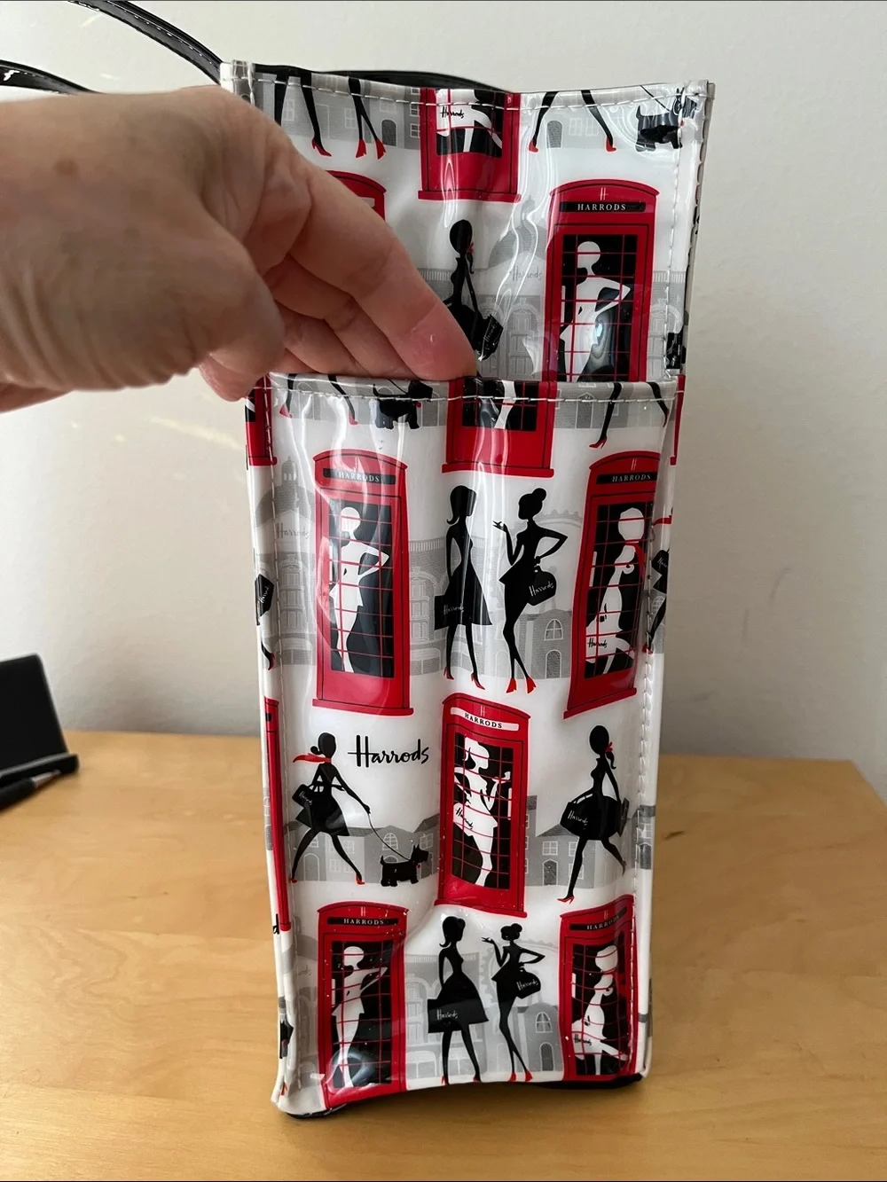 Harrods Red and Black London Phone Booth Pattern Tote - Picture 5 of 13